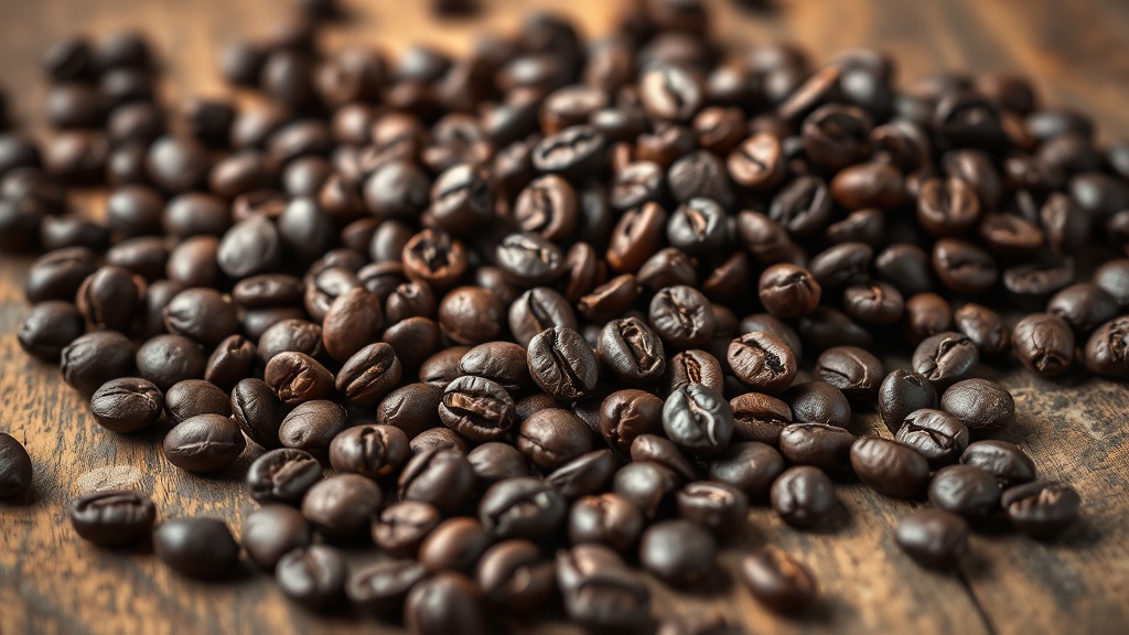 어두운 갈색의 광택이 나는 강배전 원두가 나무 테이블 위에 흩어져 있는 모습