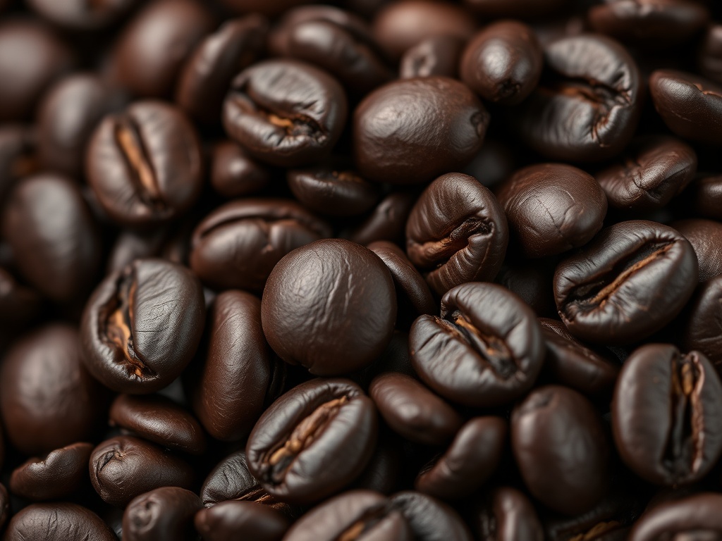 표면에 윤기 나는 오일이 맺혀 있는 다크 로스트 커피 원두를 가까이서 촬영하여 질감을 보여주는 모습