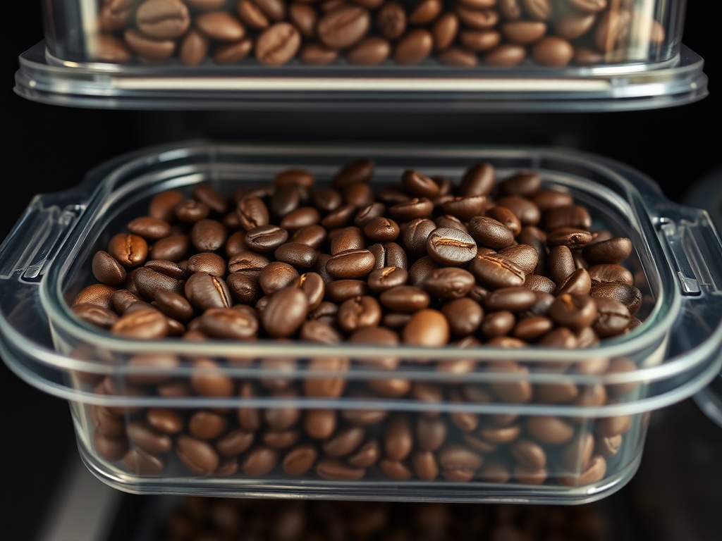 밀폐용기에 담겨 서늘한 선반 위에 보관된 신선한 커피 원두