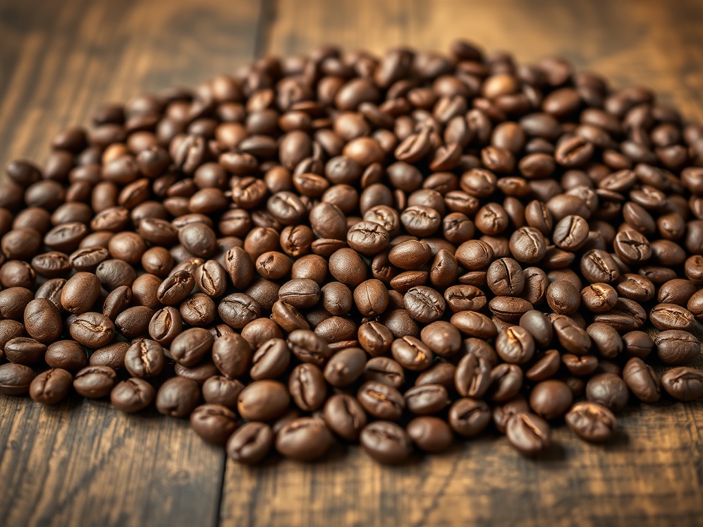 다양한 로스팅 단계를 거쳐 색상이 변한 커피 원두들이 나무 테이블 위에 놓여 있는 모습